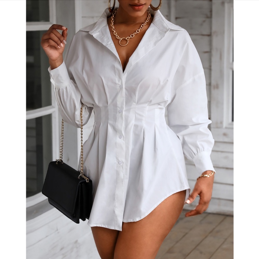 White Waist Fitted Drop Shoulder Buttoned Shirt - Picture 4 of 17